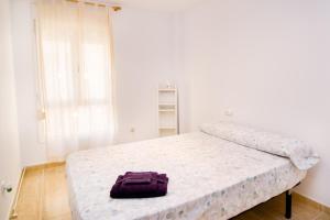 圣胡安·德·阿利坎特Apartamento de 4 dormitorios a tan sólo 2,5 km de la Playa San Juan的坐在房间里床上的紫包