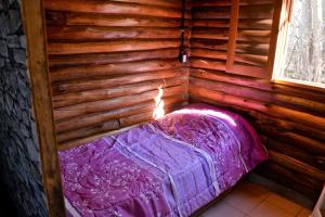 波特雷里约斯Kpriccio Cabanas的卧室配有一张木墙内的紫色床