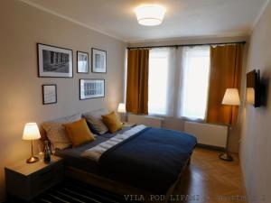 布伦塔尔VILA POD LIPAMI的一间卧室配有一张带黄色枕头的床和一扇窗户