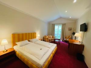 代特莫尔德兰德豪斯希尔施普龙旅馆的一间带大床的卧室和一间客厅