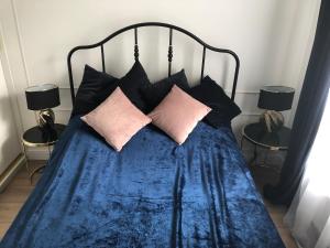 华沙Mlociny Apartment的一张带蓝色毯子和枕头的床