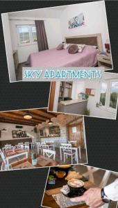 MočićiSky Airport Apartments的一个厨房和一间卧室的三幅画的拼贴图