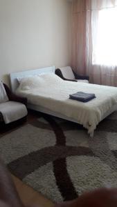 布罗瓦里Center Park Brovary的卧室内的一张床位,卧室内有地毯和窗户