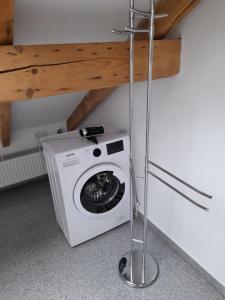 StadtsteinachHaus Lehenthaler的配有木制天花板的客房内的洗衣机和烘干机