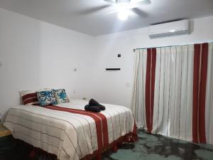 La VentanaCasa Arrecife - Cozy Suite, Fast Wifi & Balcony! Beach is steps away!的一间卧室配有一张床和吊扇