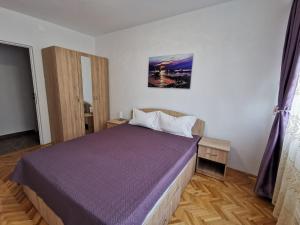 德瓦Apartament Carla-Maria的一间卧室配有一张带紫色床罩的床