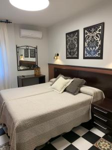 Cascante勒楚格罗青年旅馆的一间卧室配有一张大床和镜子
