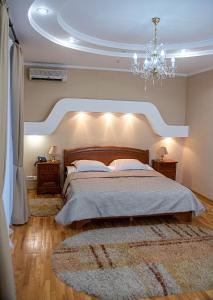 尼古拉耶夫乌克兰皇宫酒店的一间卧室配有一张大床和一个吊灯。