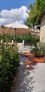 比萨Casa Ridolfi Holiday Home -Una terrazza sui giardini di Pisa的露台的遮阳伞下的桌椅