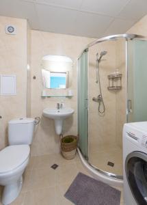 帕莫瑞Turquoise的带淋浴、卫生间和盥洗盆的浴室