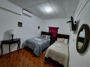 康塞普西翁德阿塔科Hotel & Restaurant Fleur de Lis的小房间设有两张床和镜子