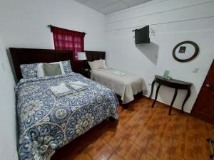 康塞普西翁德阿塔科Hotel & Restaurant Fleur de Lis的一间卧室配有一张床和一张桌子及电视