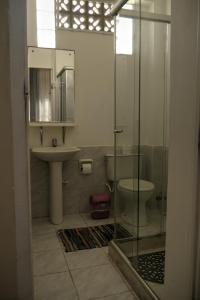 萨尔瓦多Pousada Acácia da Barra的一间带水槽、卫生间和玻璃淋浴间的浴室