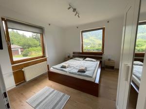 魏斯布里阿赫Haus Schwarzenbach的一间卧室设有一张床和两个窗户。