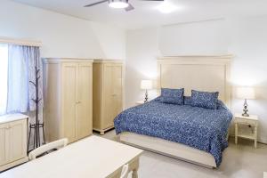 瓦哈卡市La Casa de Pino的一间卧室配有一张带蓝色棉被的床