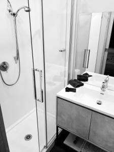 SpringfieldSmylies Accommodation的带淋浴和白色盥洗盆的浴室
