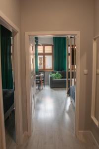比得哥什Apartamenty Długa 6的客厅配有绿色窗帘和沙发