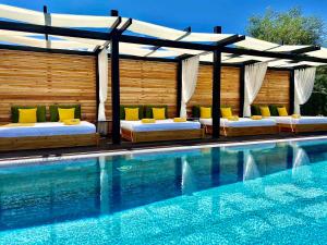 巴尼亚Alpina Luxury Chalets的一个带两张床的游泳池,一个游泳池的天篷