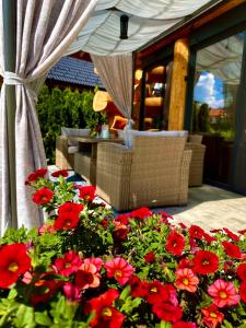 巴尼亚Alpina Luxury Chalets的一个带红色鲜花和桌椅的庭院