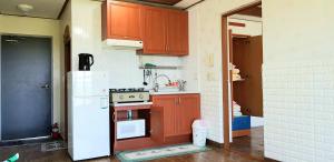 济州市军府度假屋的厨房配有木制橱柜和白色冰箱。