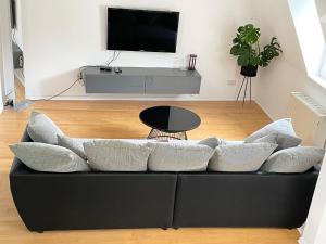 巴登-巴登Charming Central Apartments的客厅配有带枕头的黑色沙发