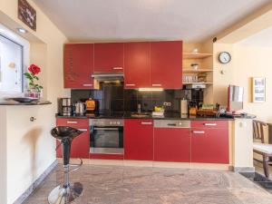 马尔肖InselGlueck in Herzen Malchows的一间带红色橱柜和炉灶的厨房