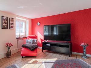 马尔肖InselGlueck in Herzen Malchows的客厅设有红色墙壁和平面电视