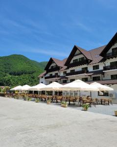 MartinieNedei Hotel&Spa Transalpina的配有桌椅和遮阳伞的酒店