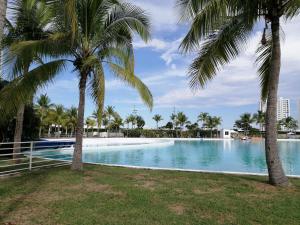 里奥阿托Playa Blanca Panama的度假村内棕榈树游泳池