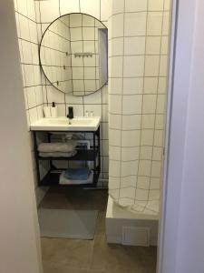 维萨吉纳斯B&B room in Visaginas *Sensation White*的一间带水槽和镜子的浴室