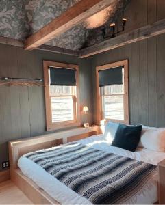 AccordStonehill's Farmhouse的卧室设有一张大床,设有两个窗户
