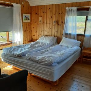 AðaldalurHagi 1 Guesthouse的木墙客房的两张床
