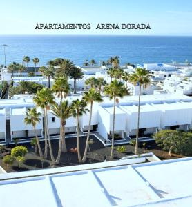 卡门港多拉多竞技场公寓酒店的享有棕榈树和海洋度假村的空中景致