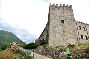 维贾内洛Il Castello dei Principi Sanseverino的一座大石头建筑,在山丘上,种着鲜花