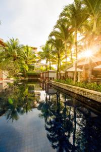苏林海滩The Chava Resort的棕榈树和建筑的海水游泳池