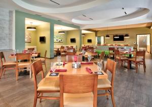 尤利斯达拉斯 - 沃斯堡机场南假日酒店&度假村的用餐室配有木桌和椅子