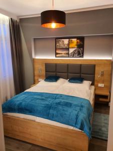 姆拉哥沃Apartamenty Polonia Mrągowo的一间卧室配有一张带蓝色毯子的大床
