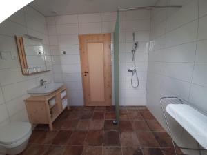 申蒂利Rooms & Wine Lilek的带淋浴、卫生间和盥洗盆的浴室