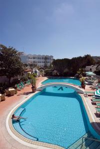 伊斯基亚特里萨温泉别墅酒店的度假村内的大型游泳池,配有躺椅