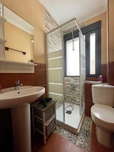 洛格罗尼奥Apartamento tranquilo, a 3 minutos del centro.的带淋浴、盥洗盆和卫生间的浴室