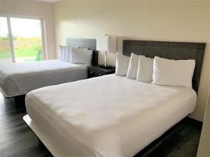 西塞德海边宾馆的酒店的客房内设有两张带白色枕头的床。