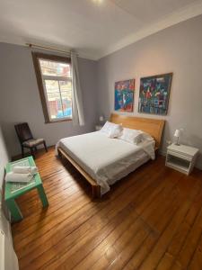 瓦尔帕莱索Casa Urriola B&B的一间卧室配有一张床,铺有木地板