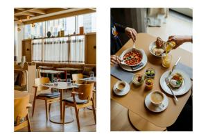 克拉科夫克拉科夫PURO斯塔勒米亚斯托酒店的两张带食物盘的桌子照片