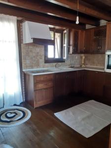 普萨克迪亚ANASTASIA STONE HOUSE的厨房配有木制橱柜、水槽和窗户。
