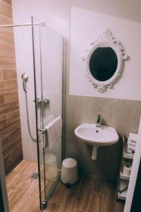 NašiceX Rooms的带淋浴、盥洗盆和镜子的浴室