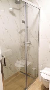科尔丘拉科尔丘拉菲欧力诺旅馆的一间带卫生间的浴室内的玻璃淋浴间