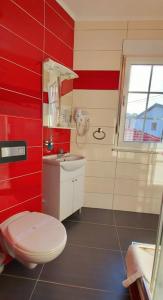 布拉加伊Hotel Blagaj Mostar的红色的浴室设有卫生间和水槽
