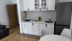 索科矿泉村Apartman Jelena Sokobanja的小厨房配有白色橱柜和水槽