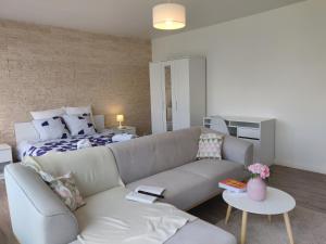 鲁昂Appart'HomeCity - Rouen Grand Prieuré的客厅配有沙发和1张床