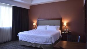 莱昂马约尔广场假日酒店&度假村的酒店客房设有一张大床和一张桌子。